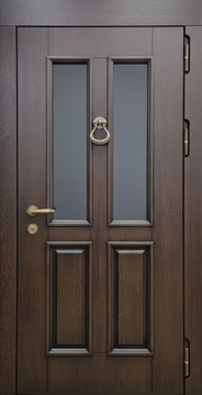 Входная уличная термодверь с остеклением, кнокером и панелями МДФ с багетом и шпоновым покрытием